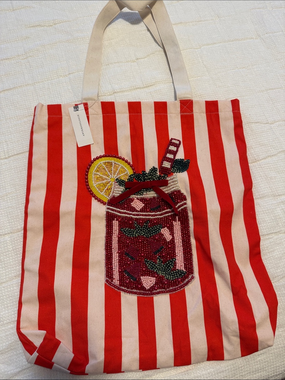 Anthropologie Beaded Pink & Red Striped Tote with Lemon Accent - Picture 3 of 5